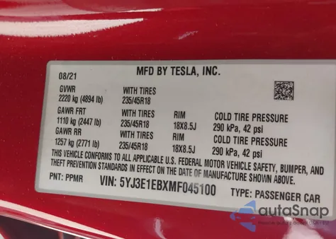 2021 Tesla Model 3 Long Range Dual Motor All-Wheel Drive from USA, damaged, VIN 5YJ3E1EBXMF045100